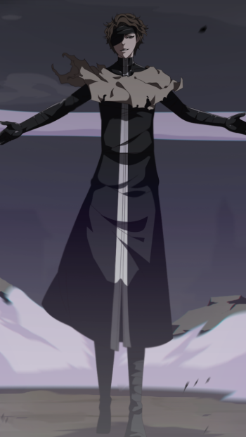 Phone wallpaper of Sōsuke Aizen from Bleach: standing with arms outstretched in a dark, windswept landscape, shadowed face and flowing coat, dramatic moody anime composition.