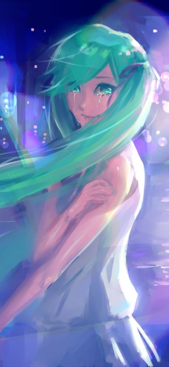 green eyes green hair tears twintails long hair Hatsune Miku Anime Vocaloid Phone Wallpaper