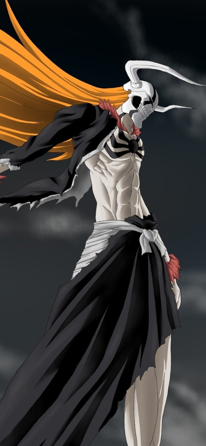 Phone wallpaper of Hollow Ichigo (Ichigo Kurosaki) from Bleach: horned white hollow mask, flowing orange hair, tattered black robe and exposed chest against a stormy sky — anime, iPhone & Android.