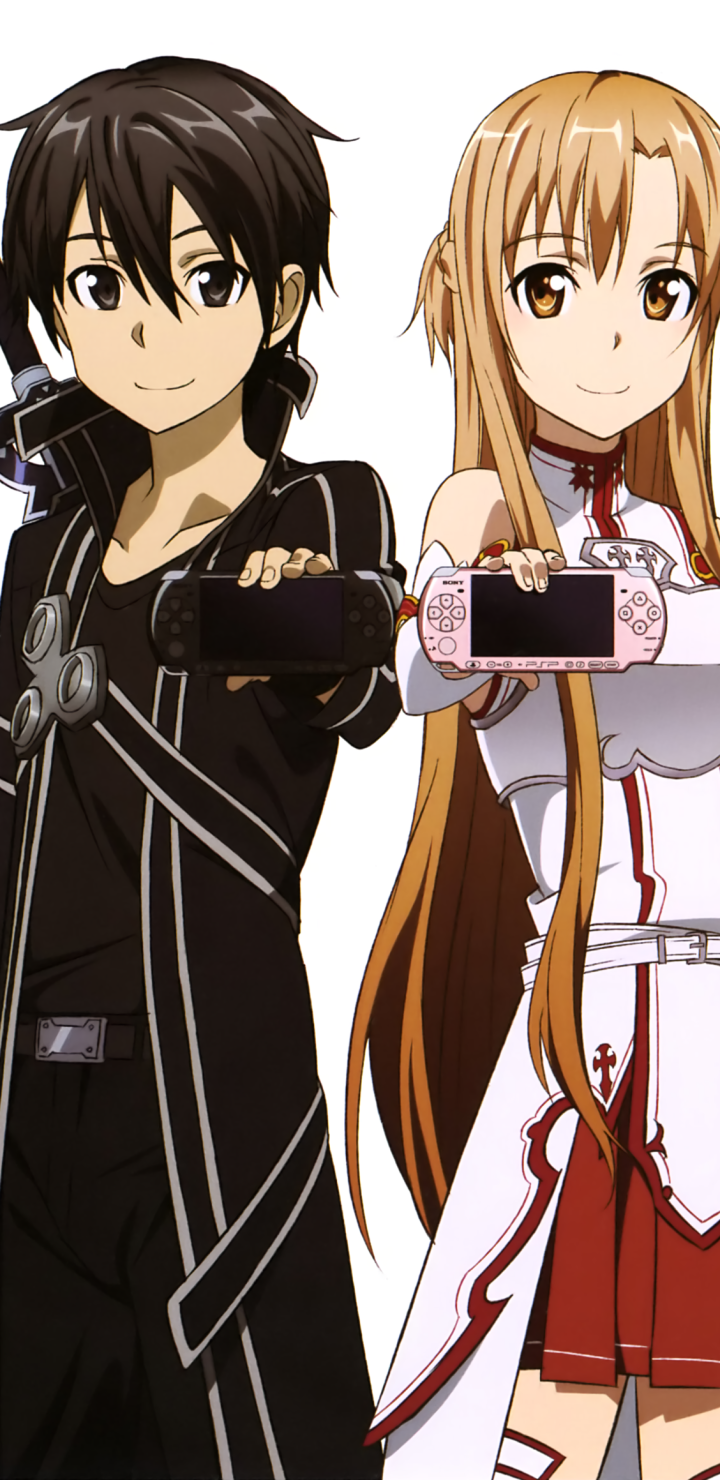 Anime Sword Art Online phone wallpaper showing Kirito and Asuna side-by-side, smiling and holding handheld gaming consoles on a clean white background.