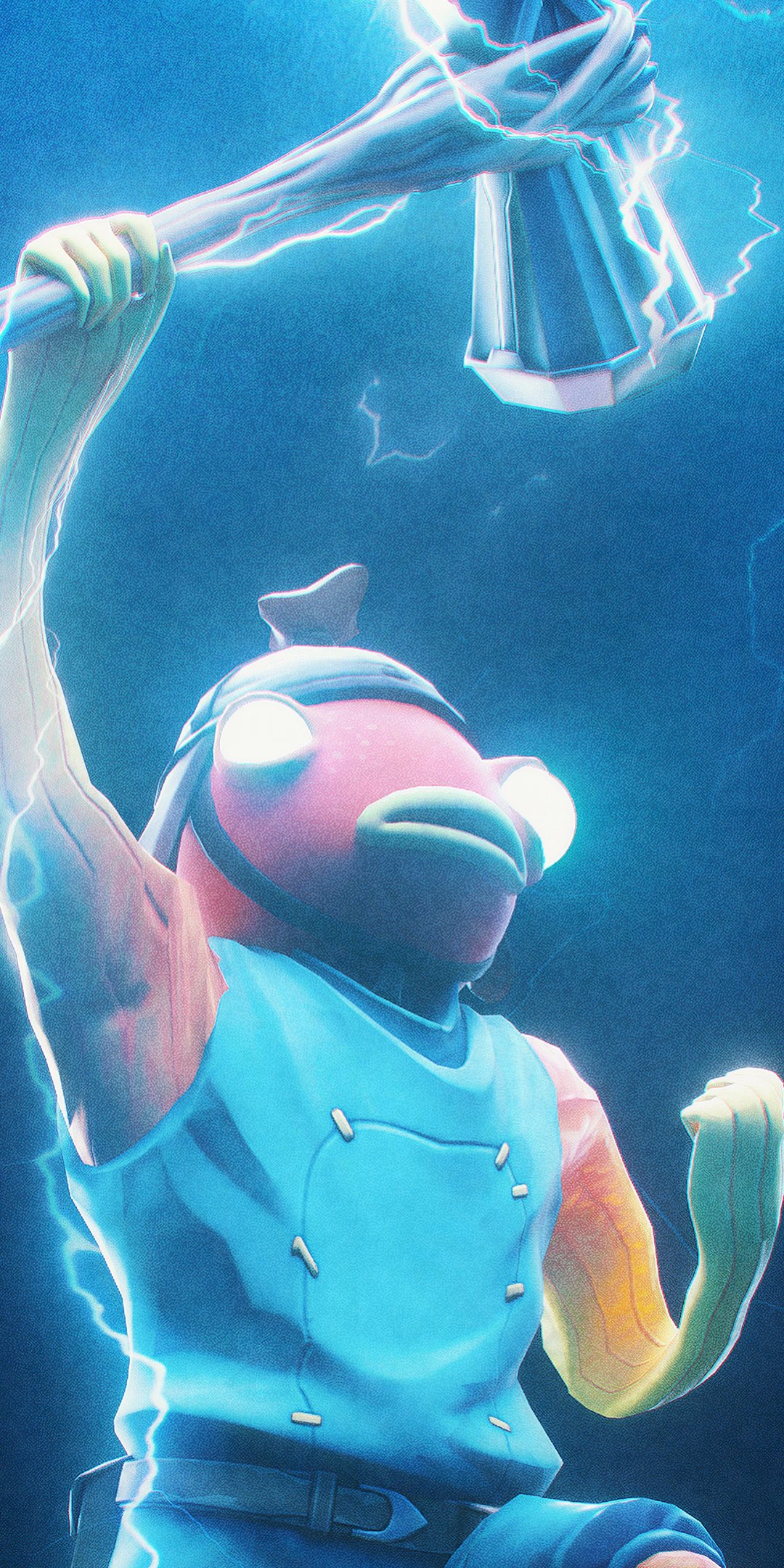 Phone wallpaper featuring a Fortnite character holding a lightning-lit hammer against a blue background, designed for both iPhone and Android devices.