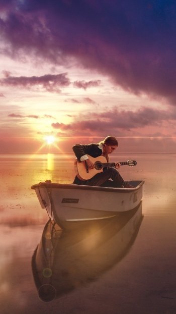 ocean reflection sunset horizon boat guitar music musician Phone Wallpaper