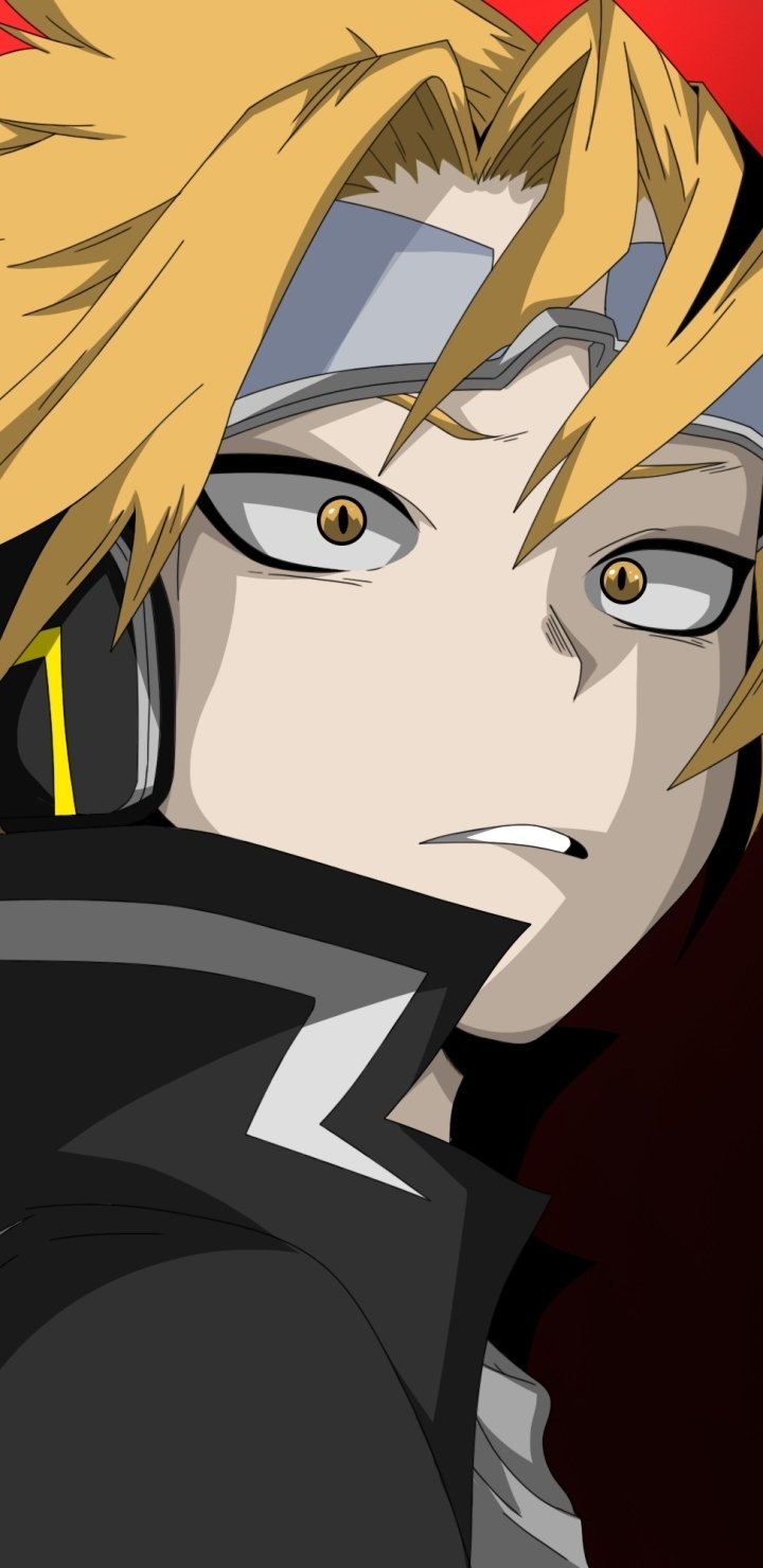 Denki Kaminari (My Hero Academia) phone wallpaper — close-up anime portrait with blond hair, headband and headphones, wide-eyed expression against a deep red background.