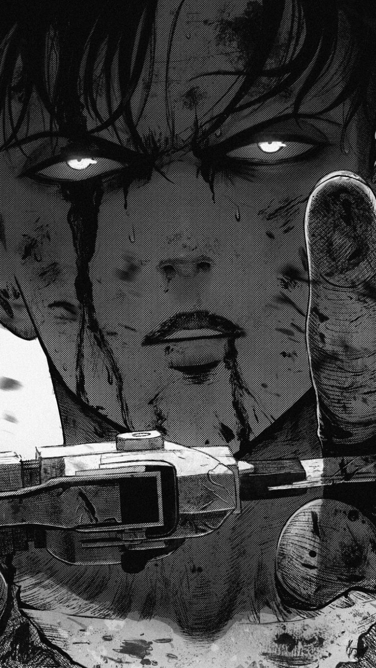 Anime phone wallpaper — intense black-and-white close-up of Levi Ackerman (Attack on Titan), blood-streaked face, glowing eyes, hand and blade in the foreground.