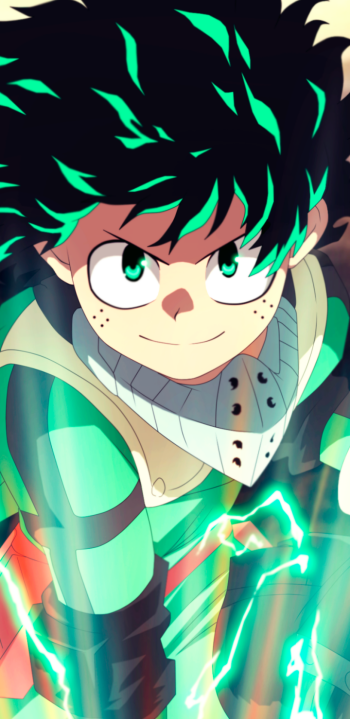 Izuku Midoriya (My Hero Academia) phone wallpaper: determined, green-haired hero lunging forward with a confident smile and teal energy crackling around his costume.