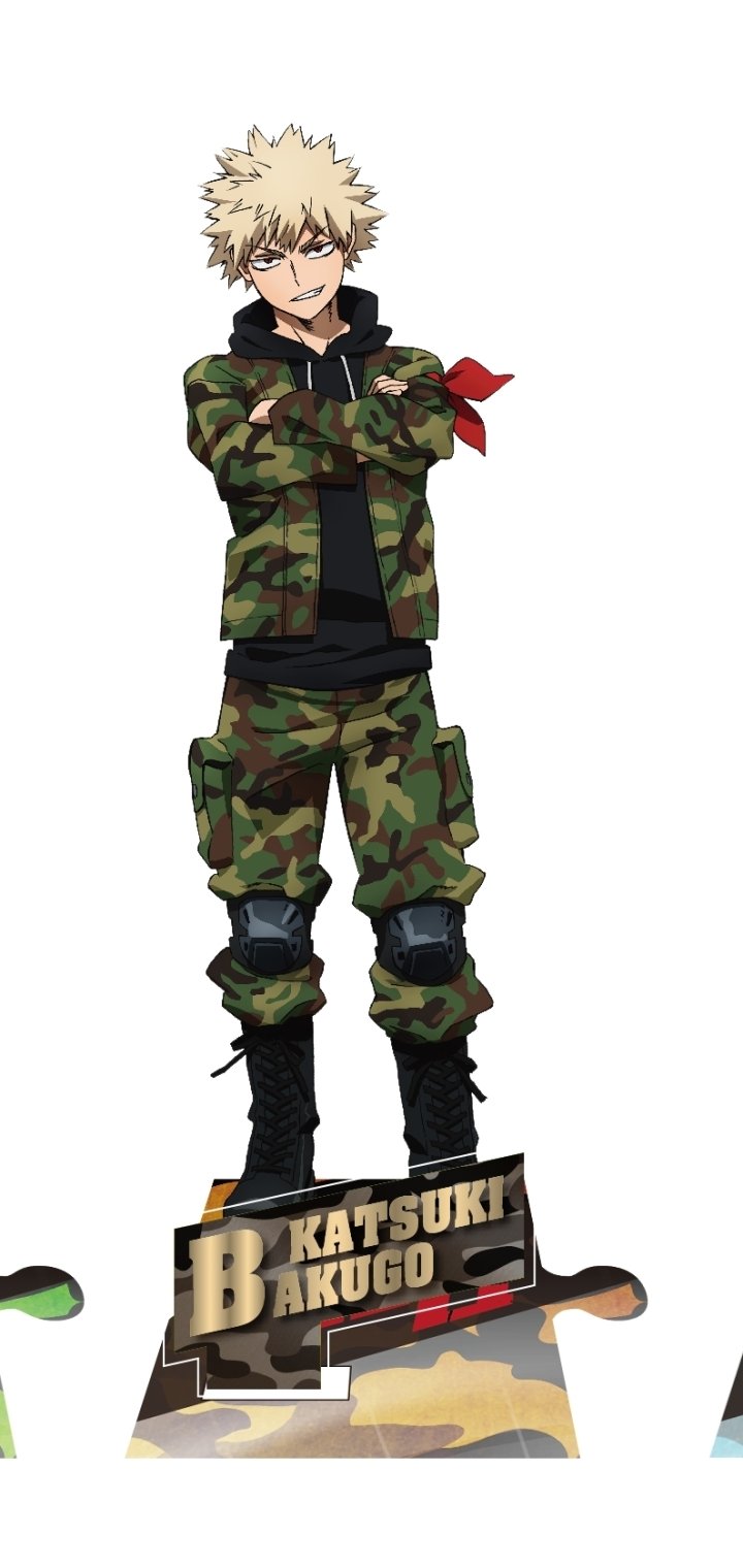 Phone wallpaper of Katsuki Bakugou (My Hero Academia) standing with arms crossed in camouflage outfit, red armband and a nameplate at his feet.