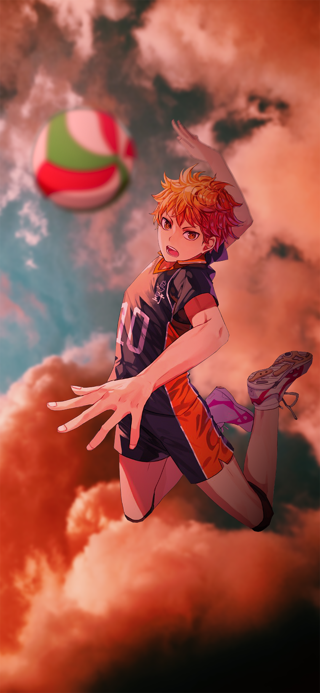 Phone wallpaper featuring Shōyō Hinata from Haikyū!! anime, wearing sneakers and jumping to hit a volleyball against a dramatic orange cloud sky background.