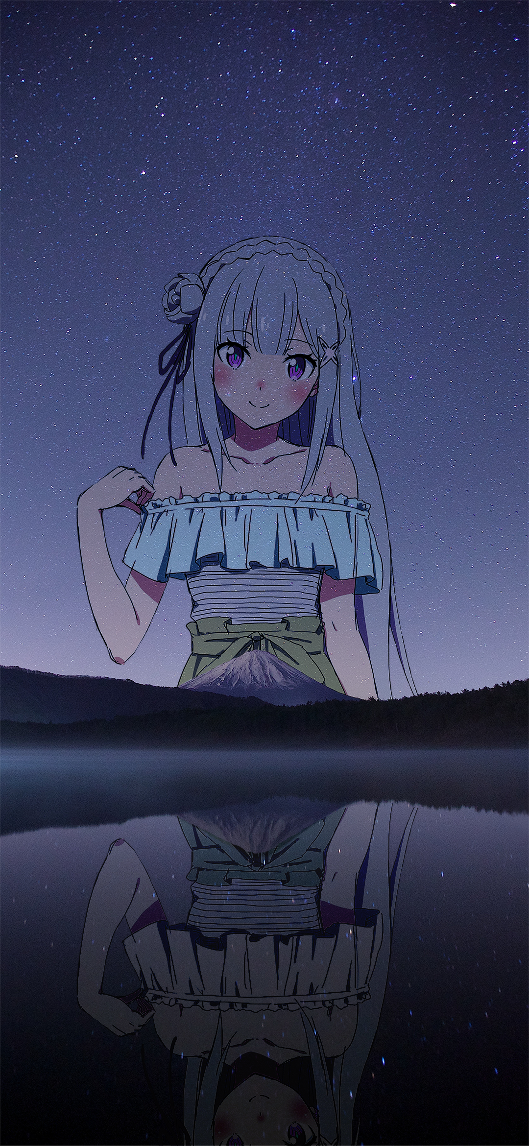 Phone wallpaper featuring Emilia from Re:Zero – Starting Life in Another World, set against a starry night sky with her reflection on calm water, compatible with iPhones and Android devices.