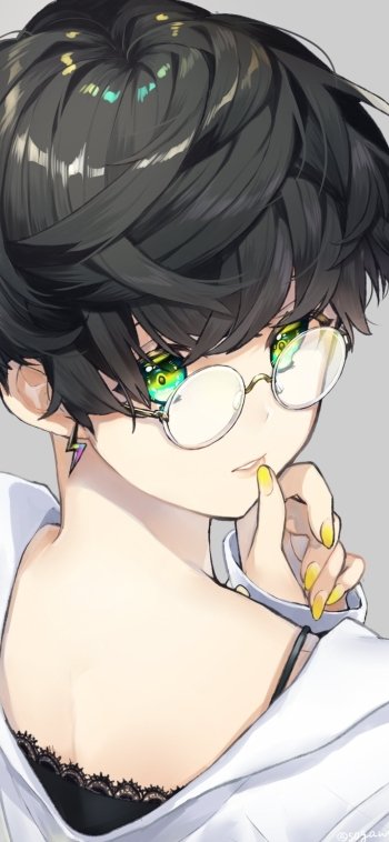 earrings green eyes glasses black hair short hair Anime Original Phone Wallpaper