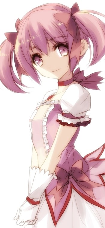Vertical phone wallpaper of Madoka Kaname (Puella Magi Madoka Magica): pink-haired magical girl in a frilled outfit, smiling with twin pigtails.