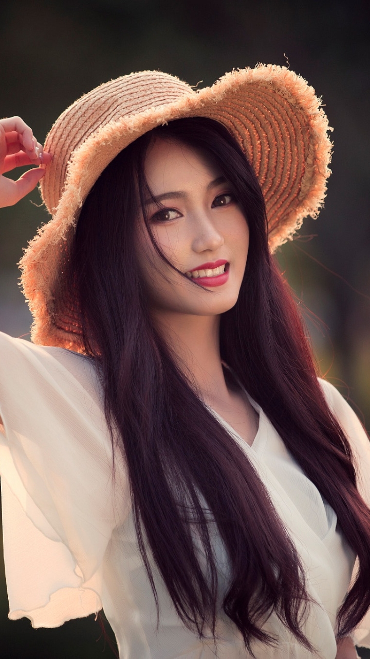 Download Hat Smile Long Hair Model Woman Asian Phone Wallpaper - Mobile ...