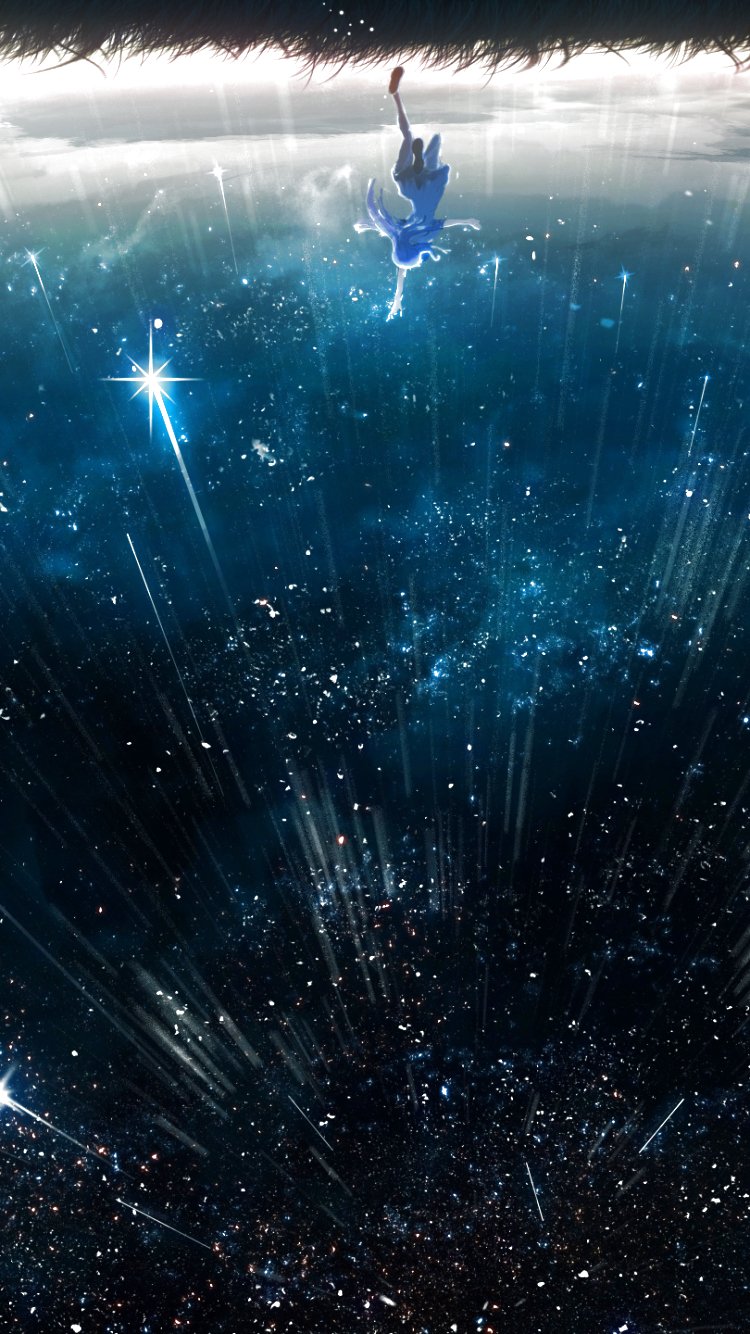 Anime-style phone wallpaper featuring a shooting star streaking through a vast starry sky, with a character floating toward the illuminated horizon, designed for iPhones and Android.