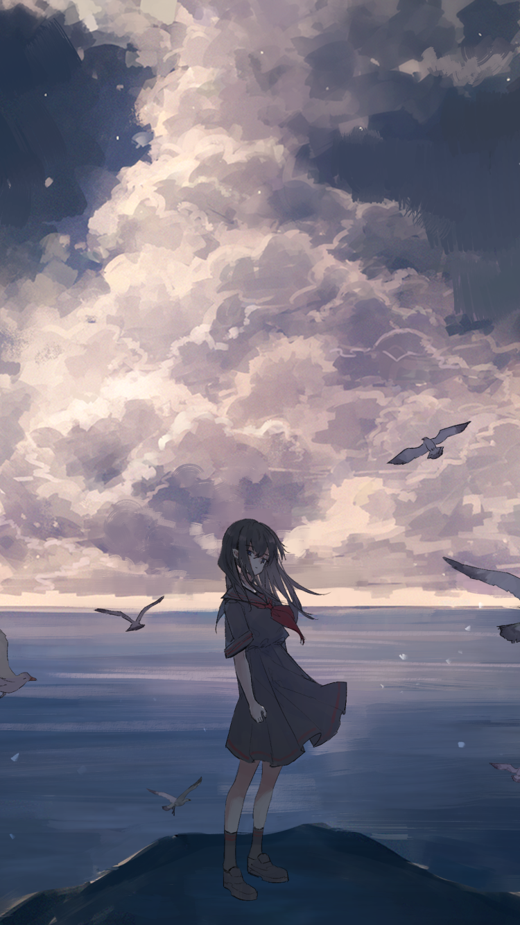 Anime original phone wallpaper: long-haired girl in a school uniform stands on a rocky shore as seabirds circle above the sea beneath towering clouds.