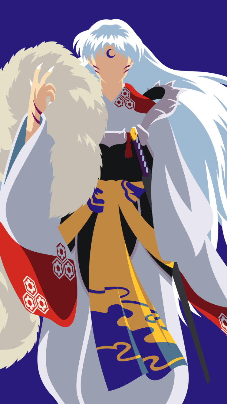 Phone wallpaper of Sesshōmaru (InuYasha): regal white-haired anime lord in ornate kimono with fur pelt, holding a sheath against a deep blue background.