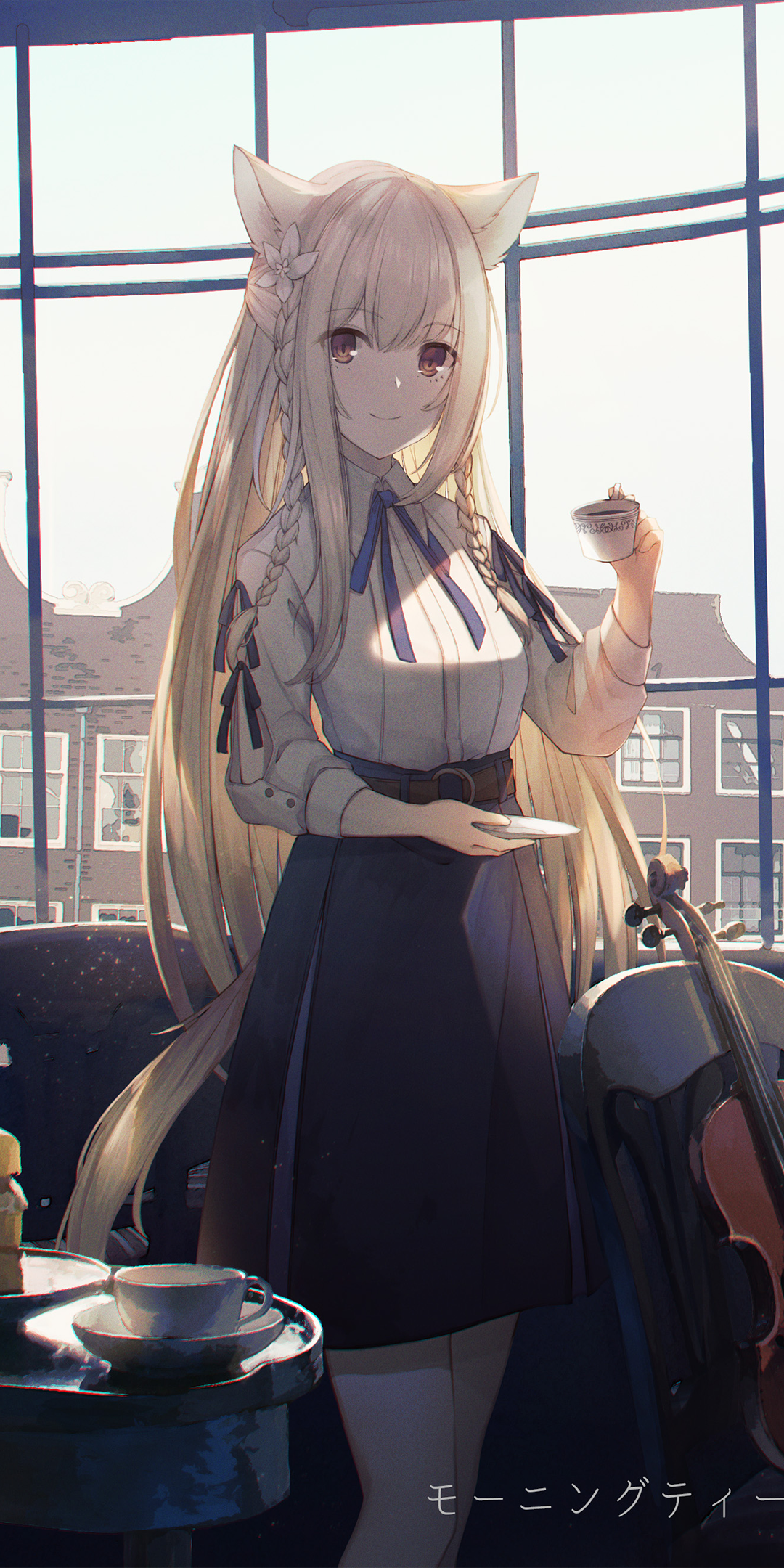 Phone wallpaper of an anime girl with long white hair and animal ears, red eyes, wearing a dress, holding a violin case and a cup by a sunlit window.