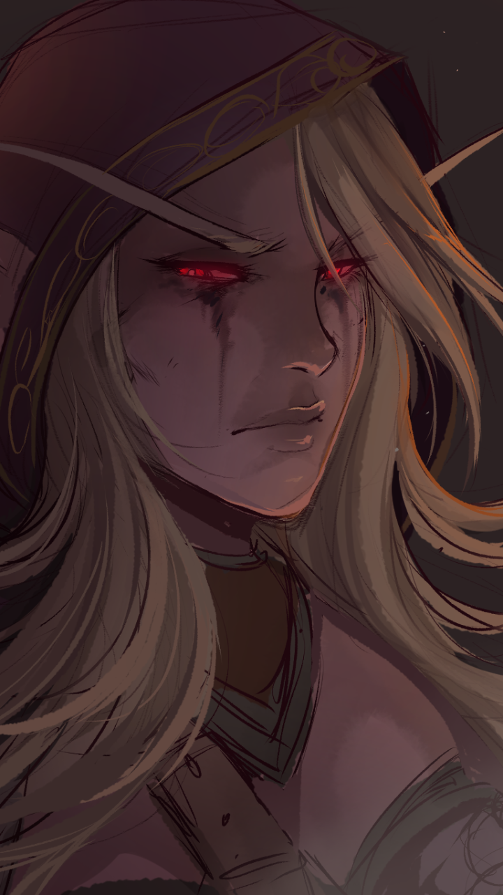 Phone wallpaper of Sylvanas Windrunner (World of Warcraft): hooded elf with pointed ears, flowing hair, blood-red glowing eyes and battle scars.