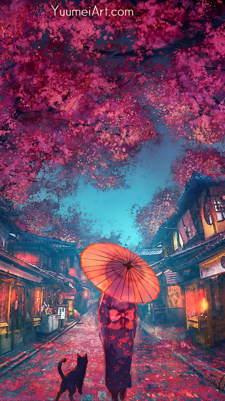 Anime Girl on City Street with Sakura Trees at Dusk by Wenqing Yan - Mobile  Abyss