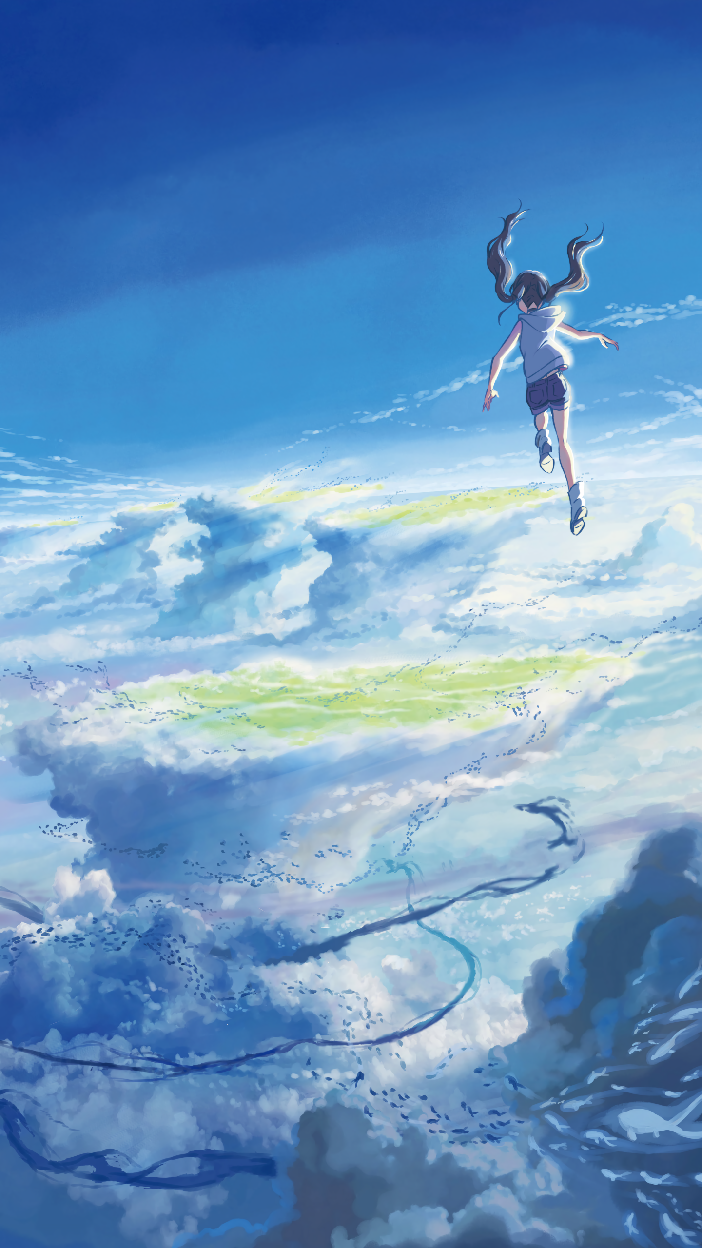 Phone wallpaper featuring Hina Amano from the anime Weathering with You (Tenki no Ko), soaring above a vibrant sky filled with clouds. Compatible with iPhones and Android devices.