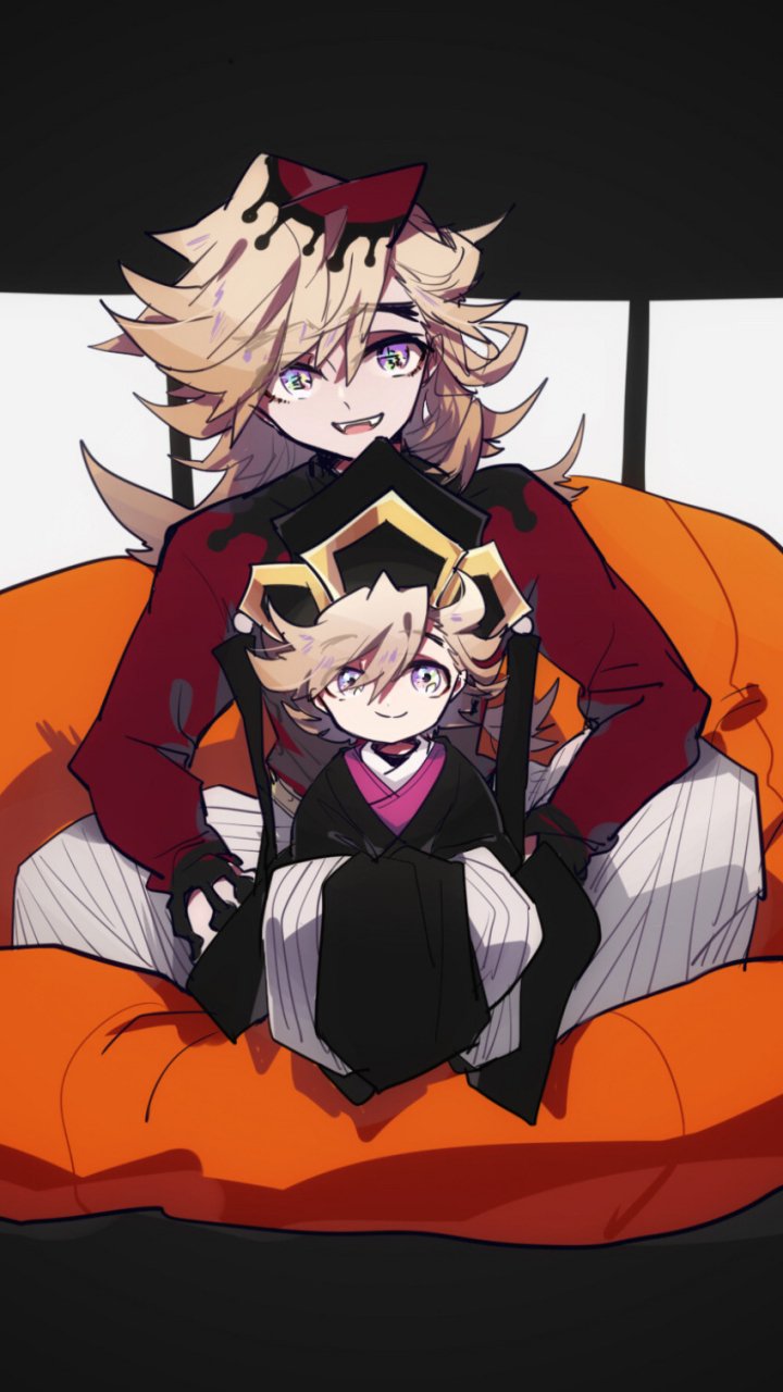 Phone wallpaper of Doma (Demon Slayer: Kimetsu no Yaiba). Anime-style art shows Doma smiling behind a smaller Doma doll seated on an orange cushion against a dark, simple background.