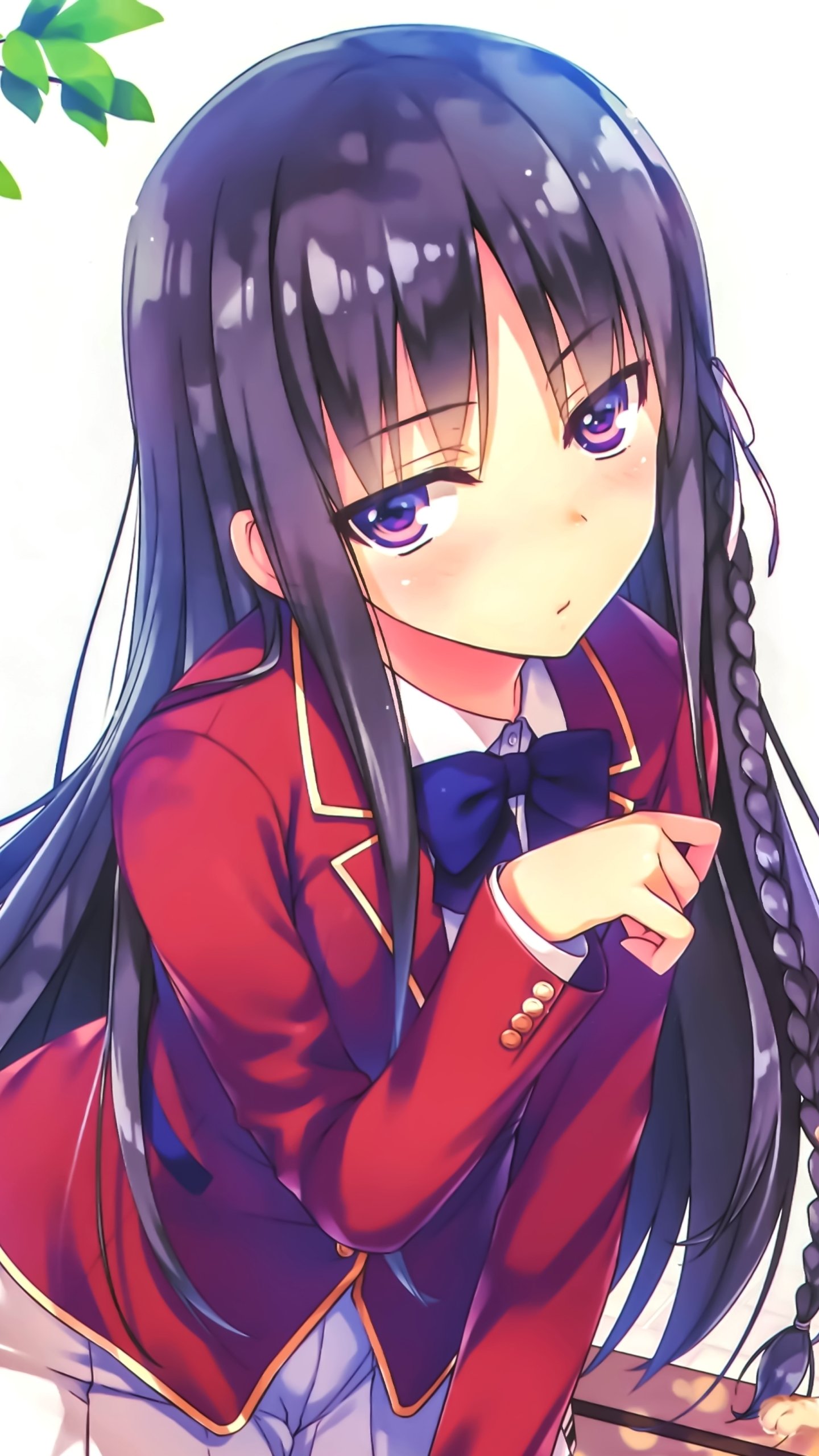 Phone wallpaper of Suzune Horikita (Classroom of the Elite): close-up anime portrait with long dark hair, braid, purple eyes, red school uniform and a calm, reserved expression.
