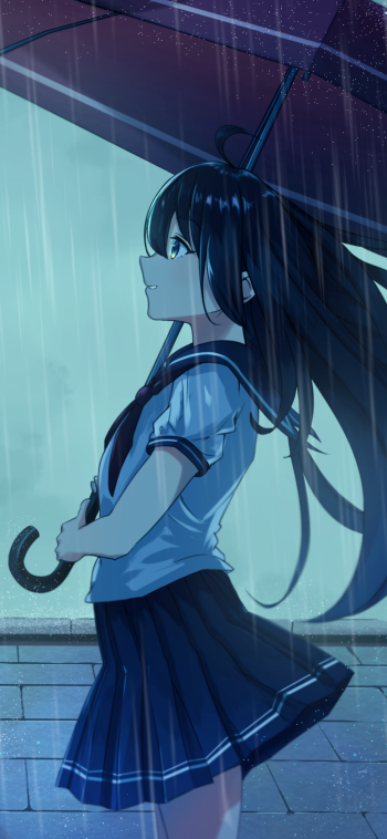 rain black hair long hair umbrella Anime Original Rain Anime Phone Wallpaper