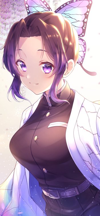 Phone wallpaper of Shinobu Kocho from the anime Demon Slayer: Kimetsu no Yaiba — close-up with butterfly hairpin, violet eyes, white haori and soft pastel glow.