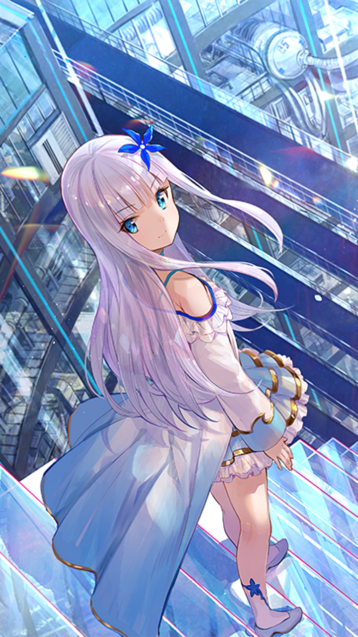 aqua eyes dress fuji choko kenja no deshi wo nanoru kenja long hair mira  (kendeshi) scenic stairs waifu2x white hair