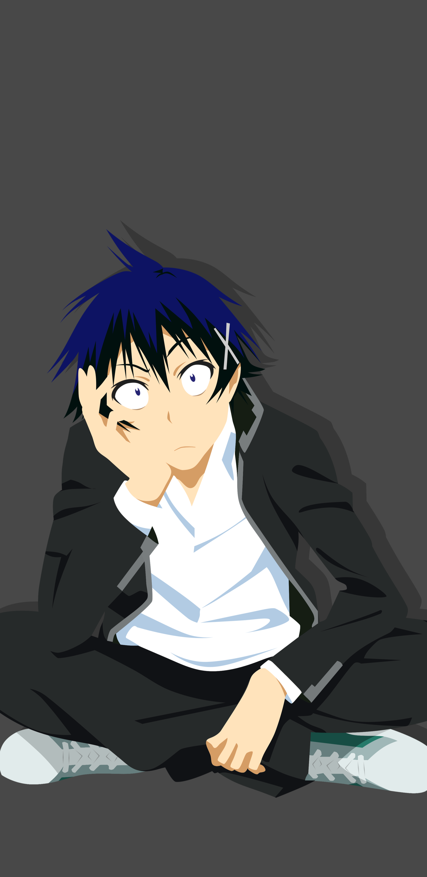 Phone wallpaper of Raku Ichijō from Nisekoi — anime-style, seated cross-legged in his school uniform, hand on cheek, blue hair against a gray background.
