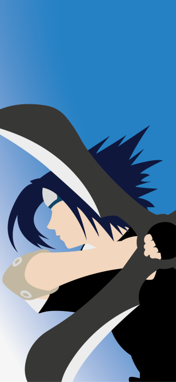 Phone wallpaper of Sasuke Uchiha from the anime Naruto: stylized side profile with spiky blue-black hair, hood and headband against a gradient blue background.