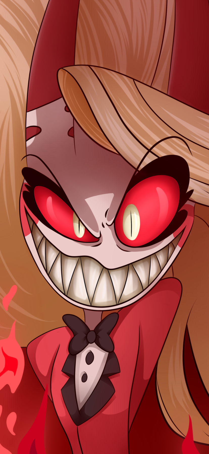 Phone wallpaper from the TV show Hazbin Hotel: close-up of a grinning demon with glowing red eyes, razor teeth, long blond hair, a red suit and flickering flames.