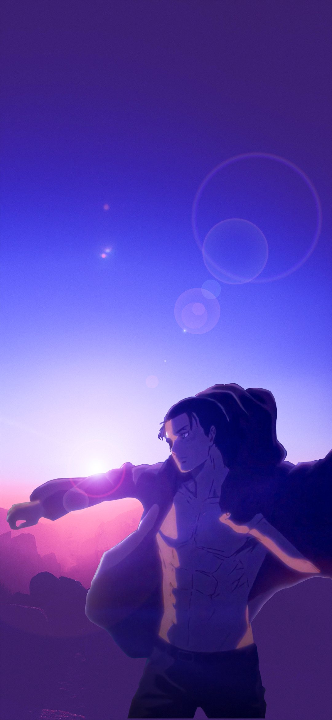 Phone wallpaper featuring Eren Yeager from Attack on Titan in a dramatic pose against a glowing sunset, designed for both iPhone and Android screens.