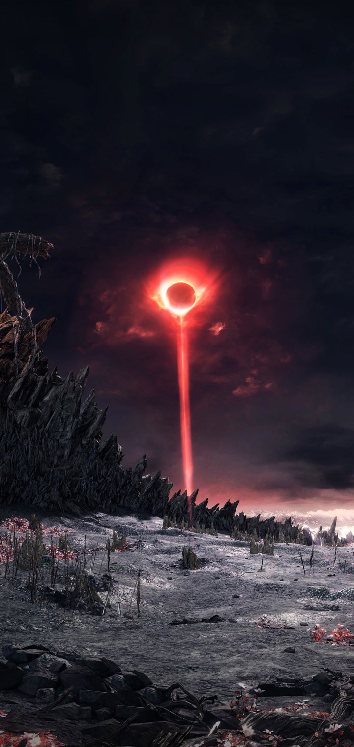 Dark Souls III video game phone wallpaper: bleak ash-covered battlefield beneath a dark sky, a blood-red eclipse casting a vertical beam over twisted ruins.