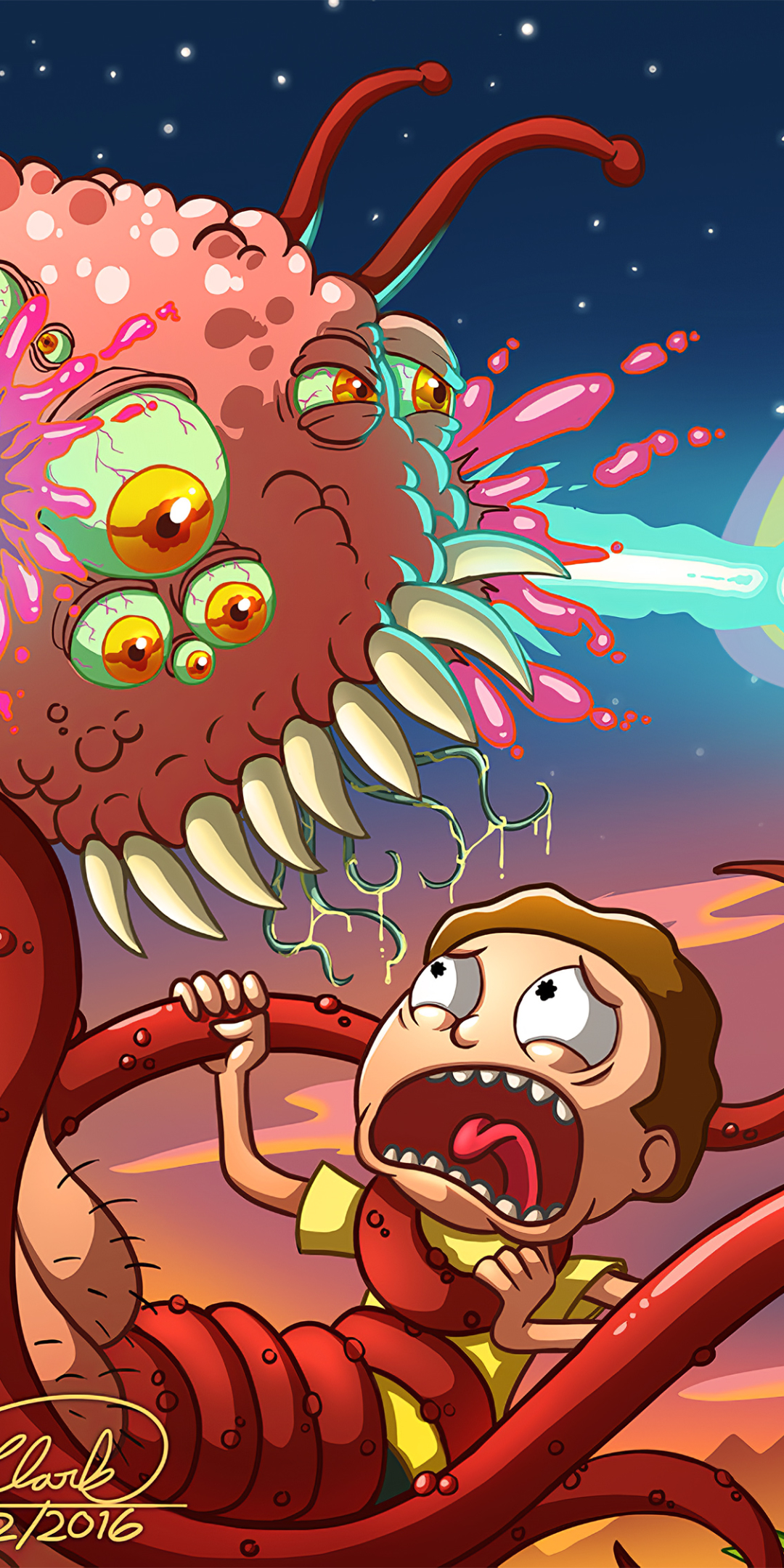 Rick blasting an alien that is about to eat Morty by Sawuinhaff