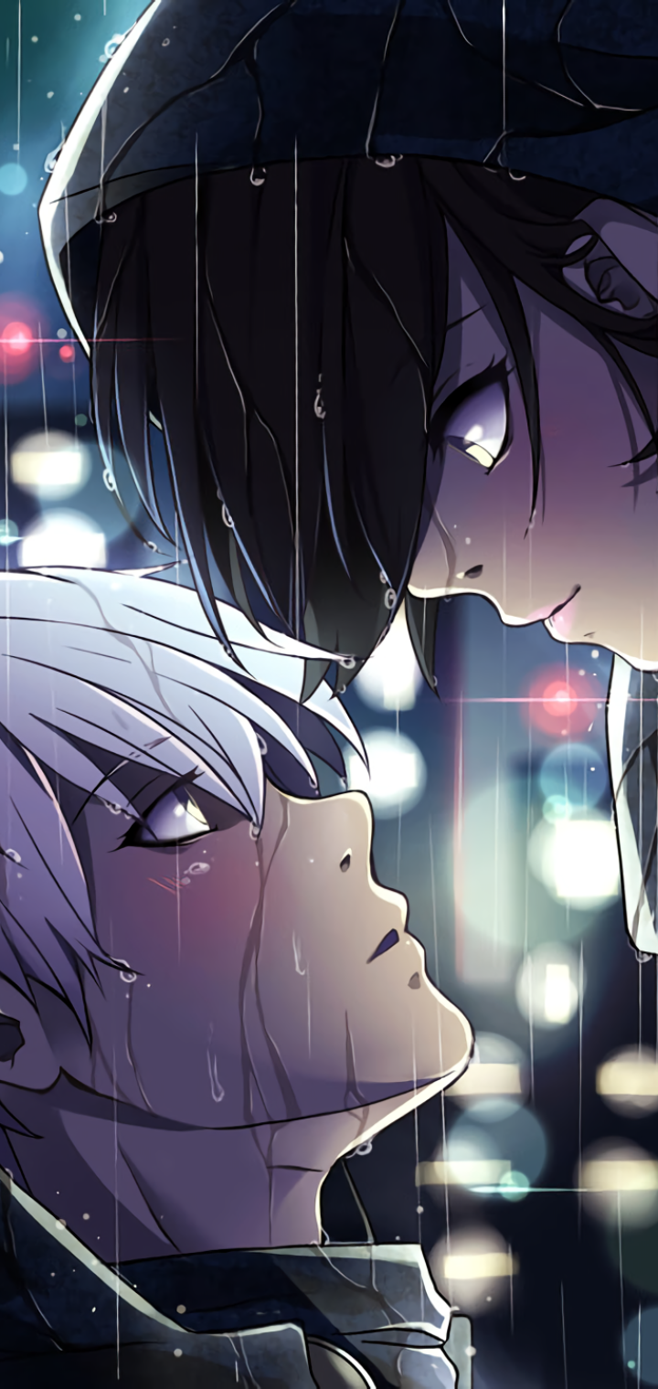 Phone wallpaper featuring Ken Kaneki and Touka Kirishima from Tokyo Ghoul, depicted in a rain-soaked anime scene with glowing city lights, designed for both iPhone and Android.