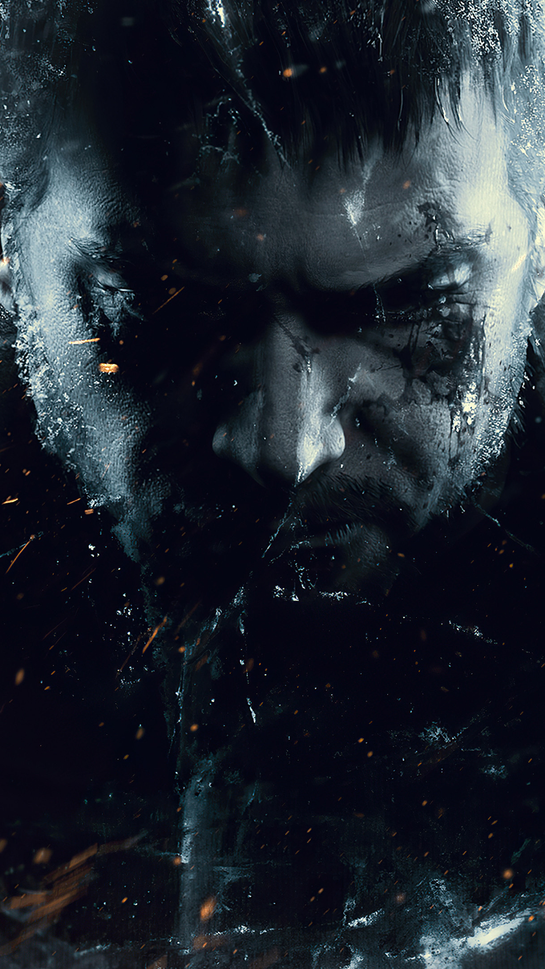 Moody phone wallpaper of Chris Redfield from the Resident Evil Village video game — close-up of his scarred, determined face with shattered glass, embers, and rain.
