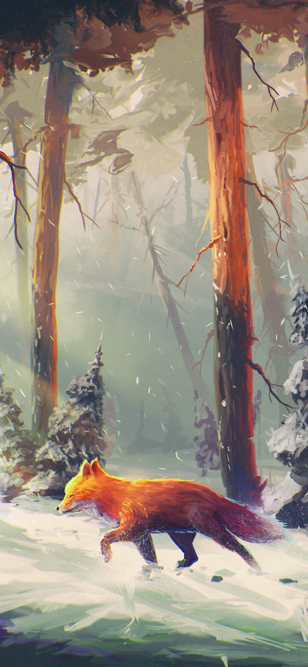 Phone wallpaper featuring an animal — a red fox trotting through a snowy forest, tall trees rising around it and soft sunlight filtering through falling snow.