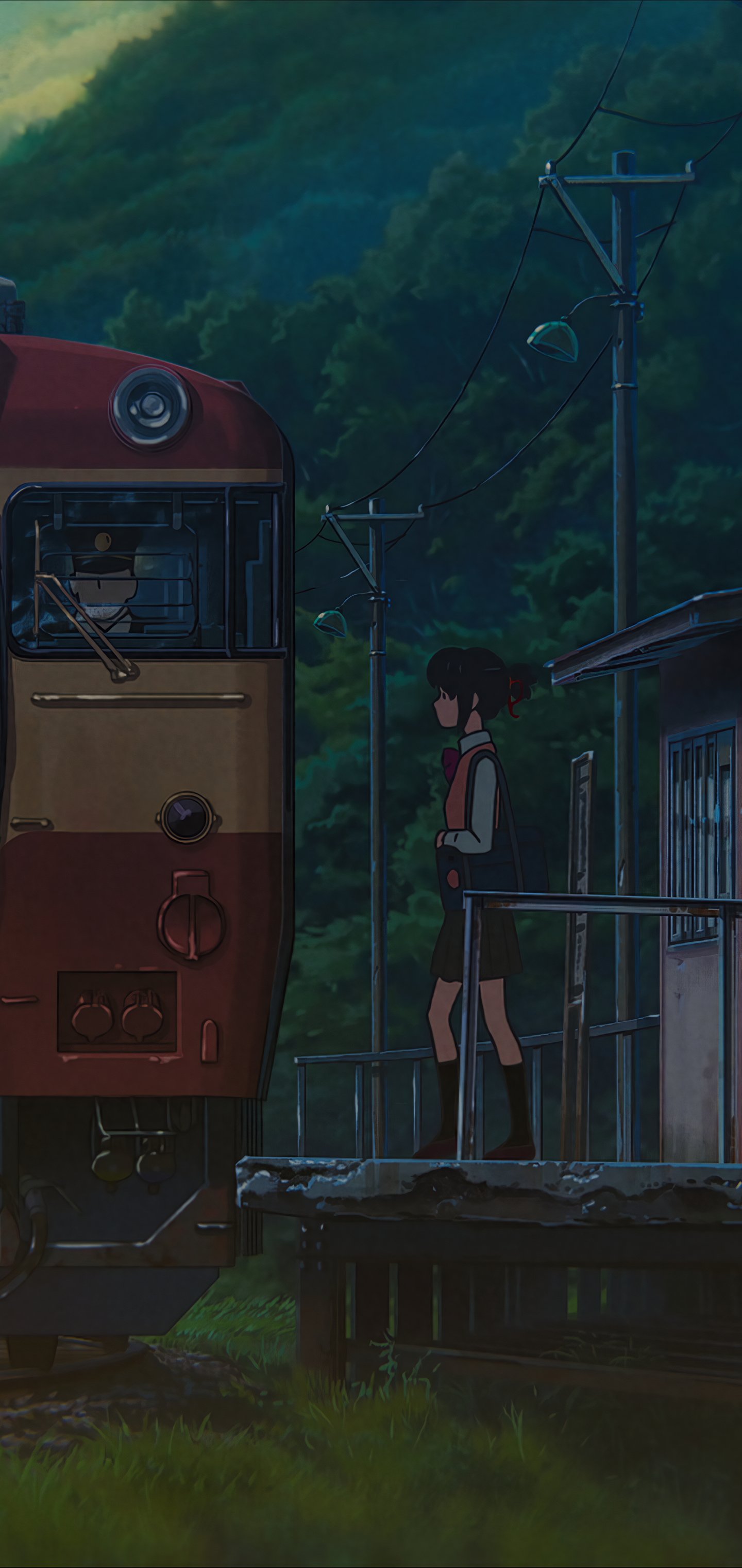 Anime Your Name phone wallpaper: a girl stands on a rural station platform as a train approaches at dusk, framed by telephone poles and lush green hills.