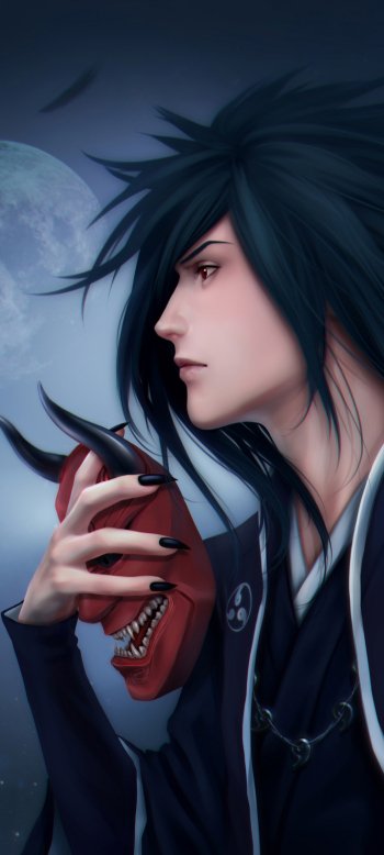 Madara Uchiha (Naruto) anime phone wallpaper: profile portrait under a moonlit sky, long dark hair, intense gaze, holding a red demon mask.