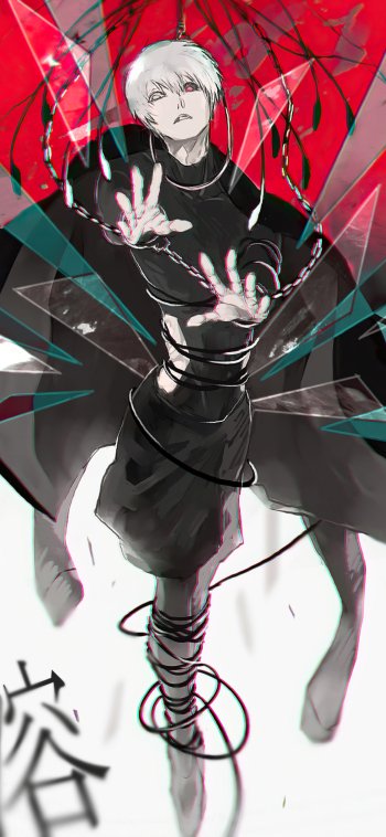 Anime phone wallpaper of Ken Kaneki from Tokyo Ghoul: white‑haired figure in black outfit reaching out, crimson kagune flaring with shards and spiraling black threads.