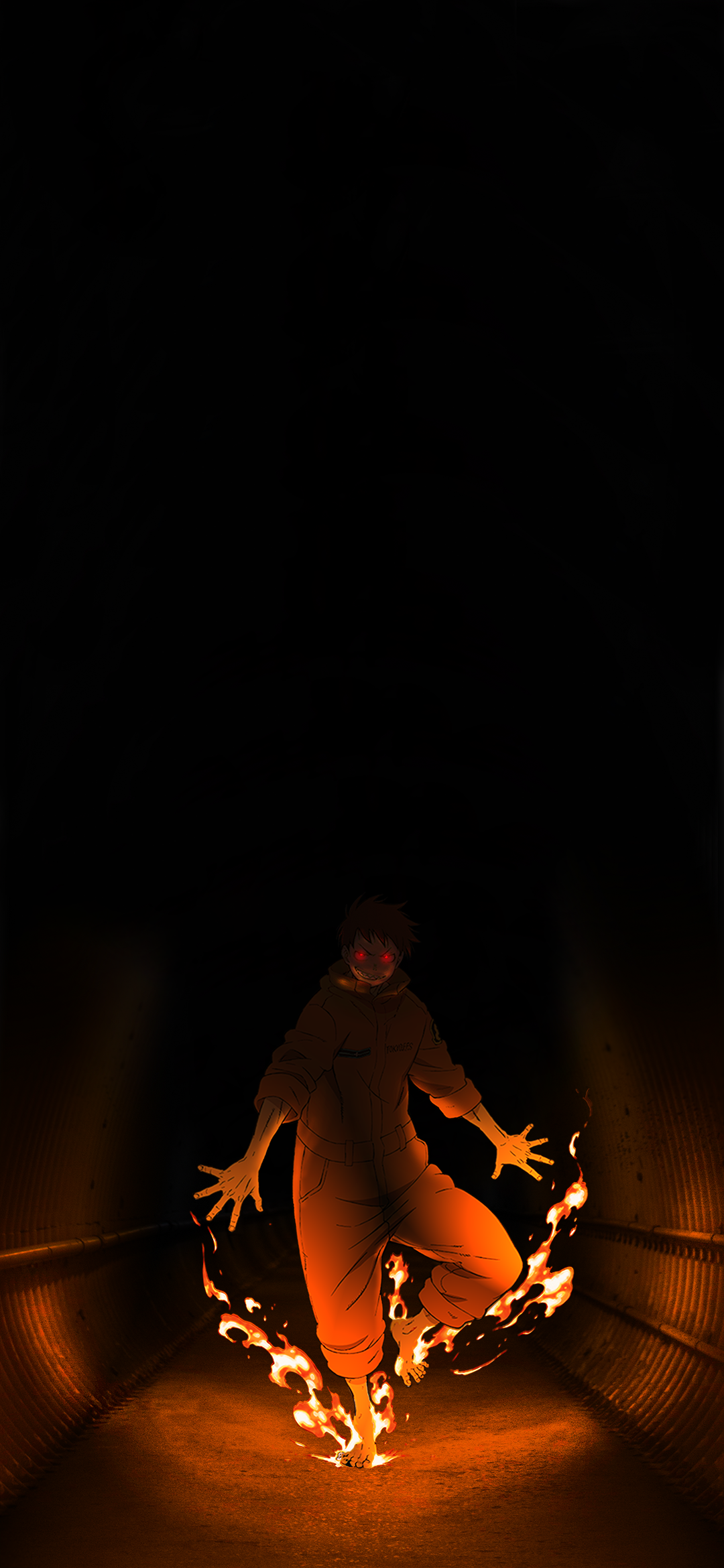 Phone wallpaper of Shinra Kusakabe from the anime Fire Force, featuring him surrounded by vivid flames on a dark background, designed for iPhones and Android devices.