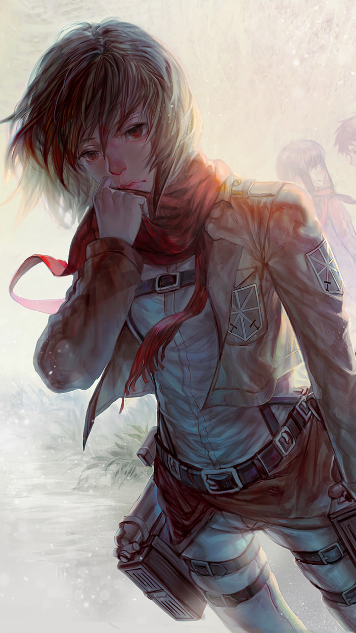Phone wallpaper featuring Mikasa Ackerman from Attack on Titan in detailed anime style, capturing her contemplative expression with soft lighting on iPhone and Android screens.