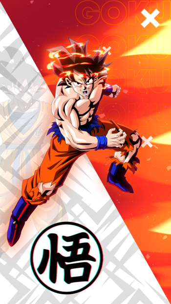 Phone wallpaper of Goku from Dragon Ball anime: orange-gi hero in a dynamic midair pose against a fiery red and white diagonal background with the 悟 kanji emblem.