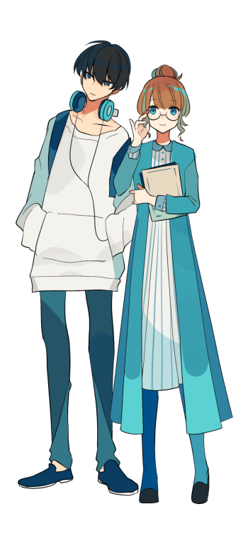 couple blue eyes headphones black hair brown hair short hair Anime Original anime couple Phone Wallpaper