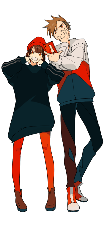 smartphone hat couple orange eyes brown hair short hair Anime Original anime couple Phone Wallpaper