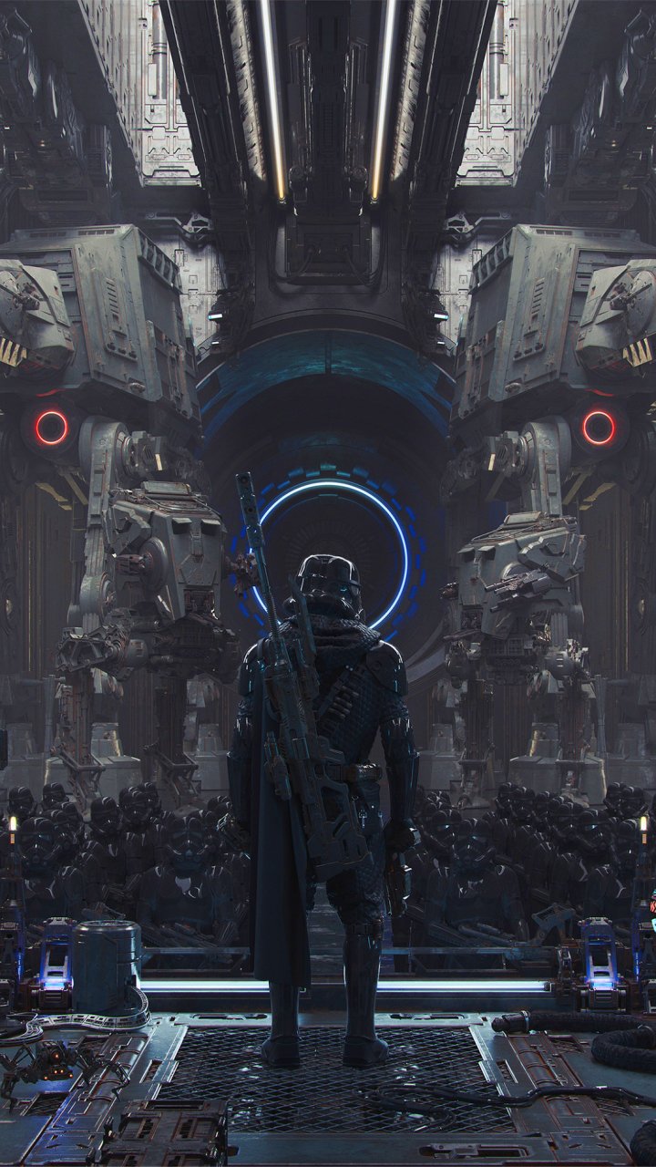 Phone wallpaper showing a lone trooper in a colossal Star Wars sci‑fi hangar, flanked by AT‑STs and towering AT‑AT walkers, with TIE Fighters and a TIE Interceptor circling above.