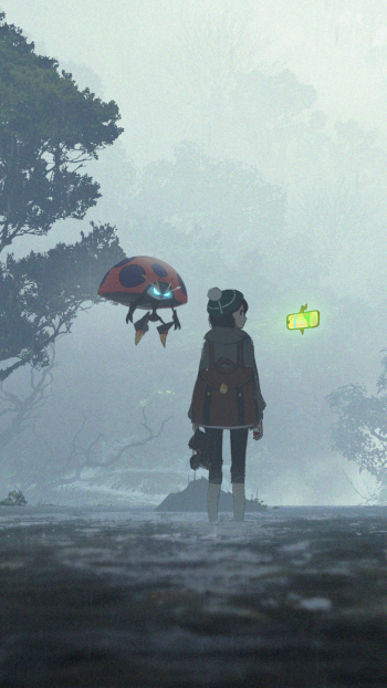 Anime phone wallpaper of Gloria (Pokémon) standing in a misty forest as an Orbeetle hovers nearby, muted colors and distant trees.