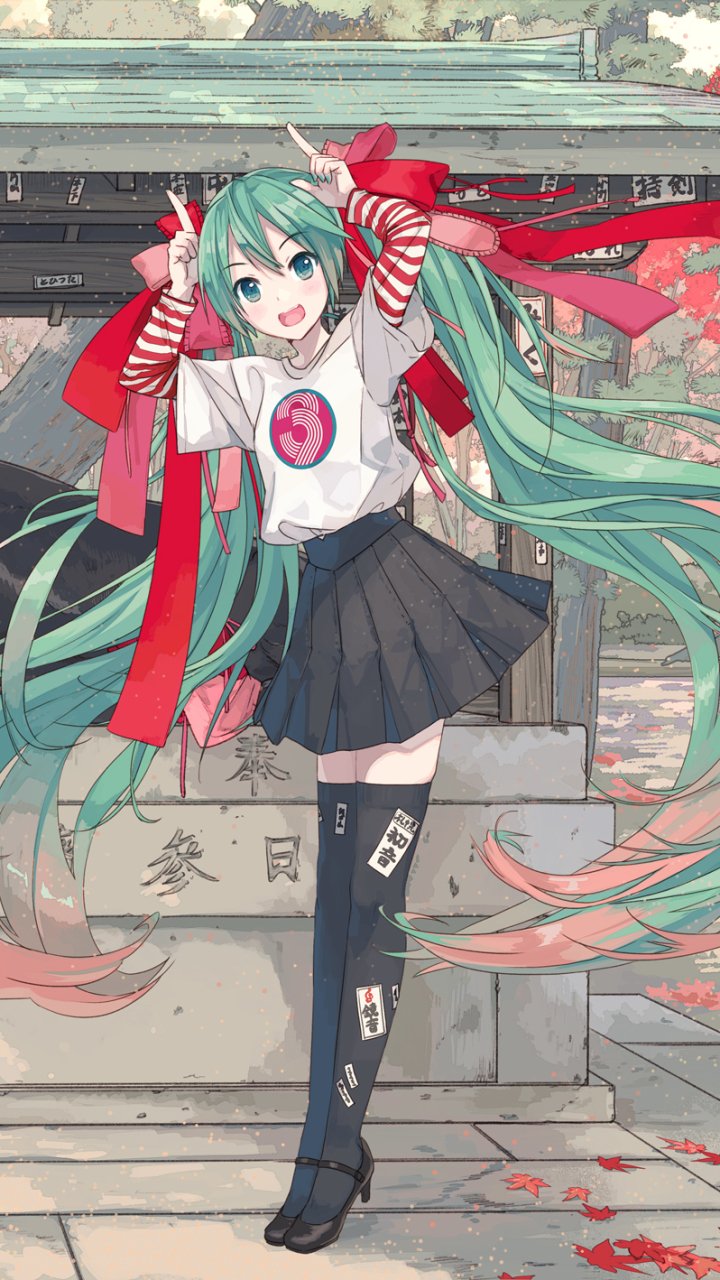 Phone wallpaper of Hatsune Miku (anime Vocaloid) with long green twin-tails and green eyes, red-accented outfit and skirt, posing cheerfully.
