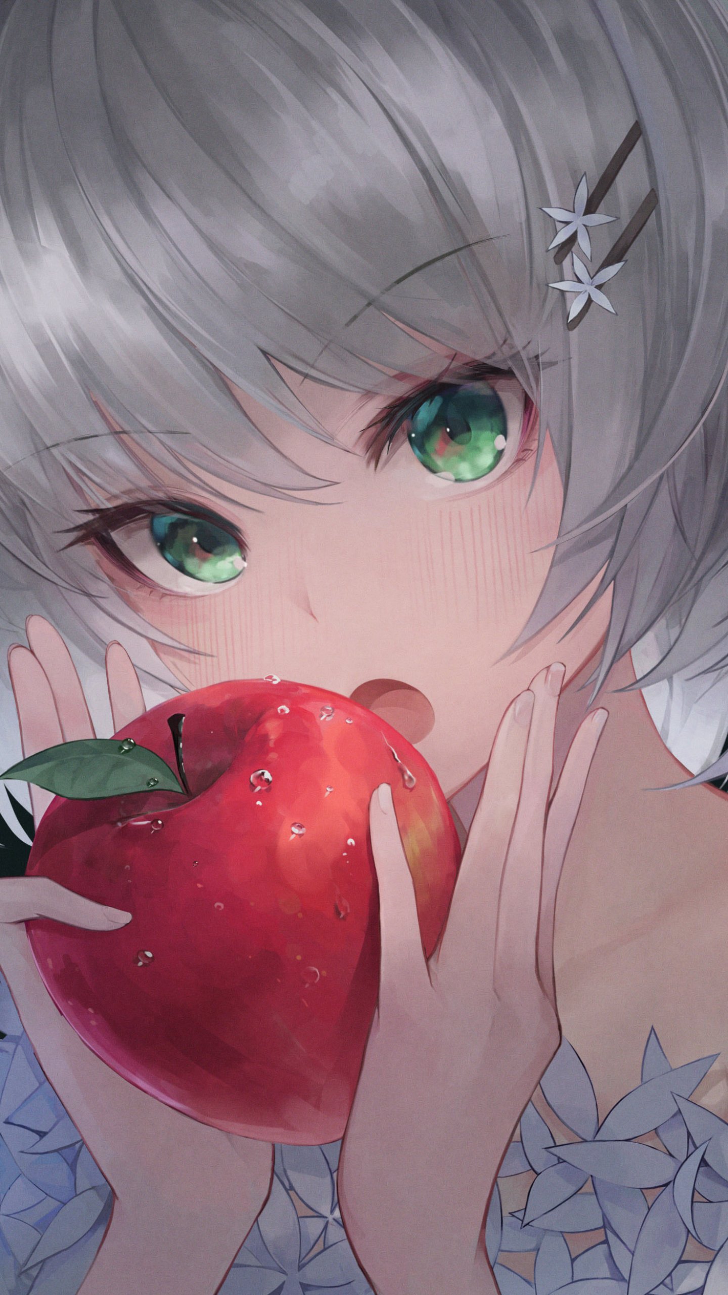 Download Grey Hair Apple Green Eyes Anime Original Phone Wallpaper