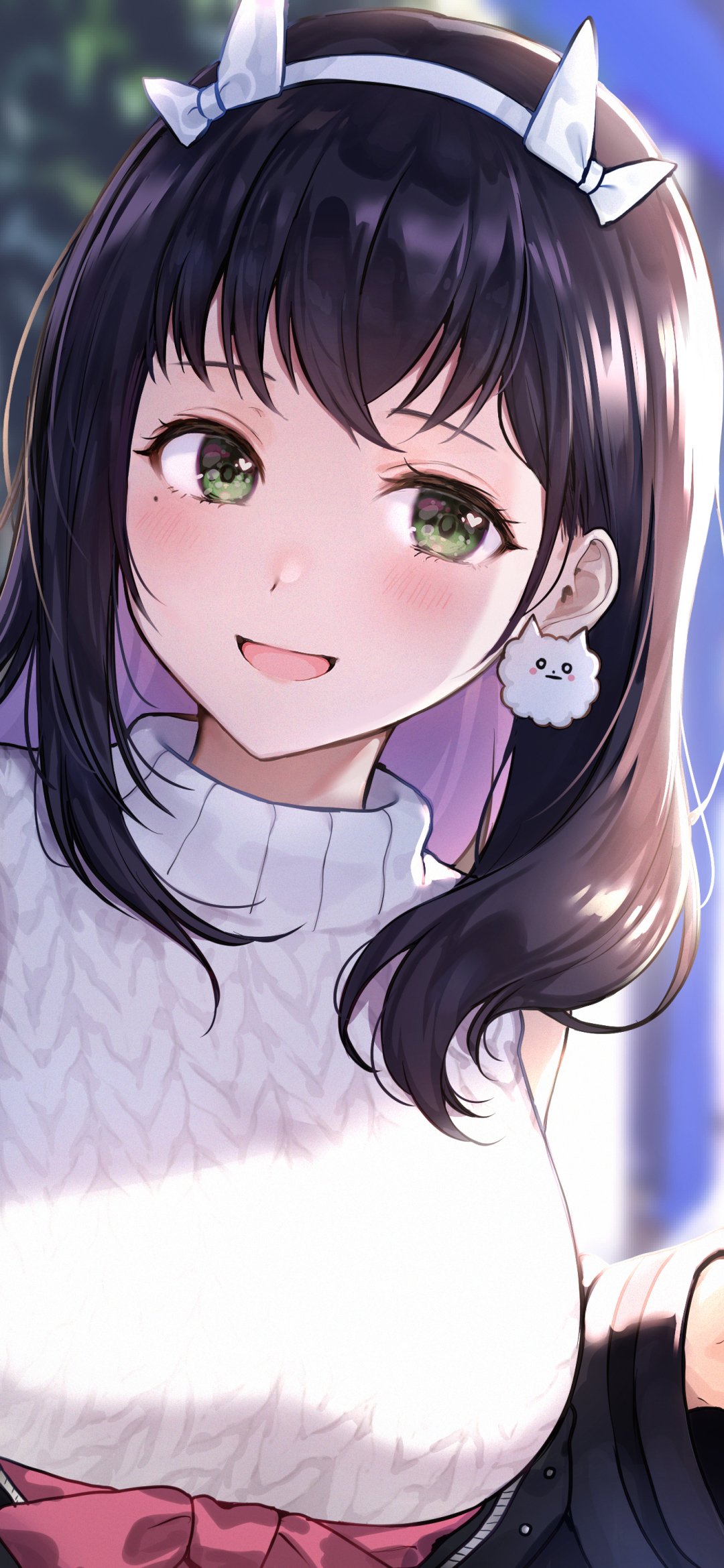 Phone wallpaper — anime original close-up of a smiling girl with purple hair and green eyes, wearing a white headband, cozy sweater, blushing cheeks and a small cat-shaped earring.