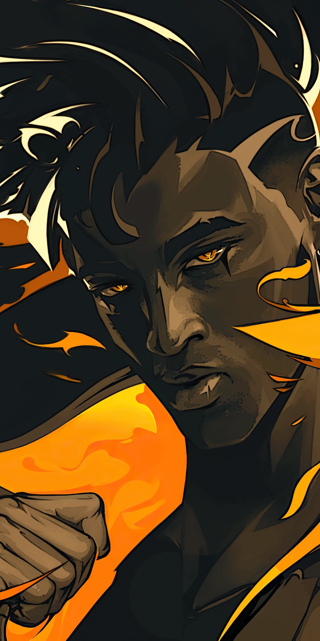 Phone wallpaper of Valorant agent Phoenix — close-up portrait with dark skin, glowing amber eyes, clenched fist and stylized orange flames swirling around his face and hair.